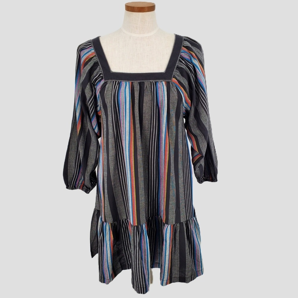 Outerknown Miro Dress Women Small 100% Organic Cotton Striped Square Neck Ruffle